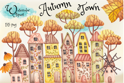 Watercolor ClipArt &quot;Autumn Town&quot;