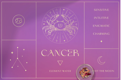 Cancer Zodiac Sign Logo Branding Design Kit. Magic Esoteric Art.