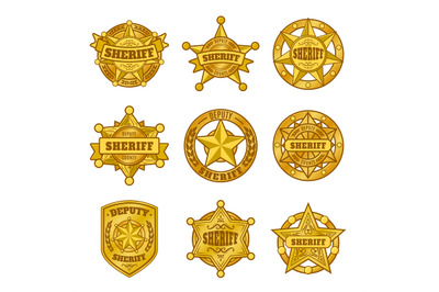 Sheriff badges. Police department emblem, golden badge with star of of