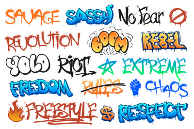 Rebellious graffiti lettering. Riot street art scribbles, freedom and