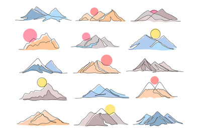 One line mountains range landscape. Sunset sun under mountain peak, mi