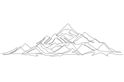 One line mountains landscape. Panoramic mountain range with snowy peak