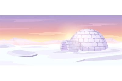 Igloo on Arctic landscape. Ice house, Anarctica snowy background and s