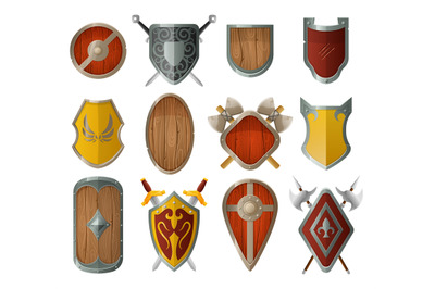 Cartoon medieval shield. Old castle decor, armor with crossed swords,