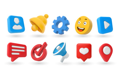 Marketing 3D icons. Location pin, check mark, yellow smile emoji and n