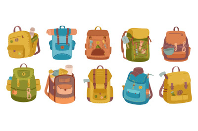 Tourist backpack. Camping bags, hiker knapsack with mountain journey e