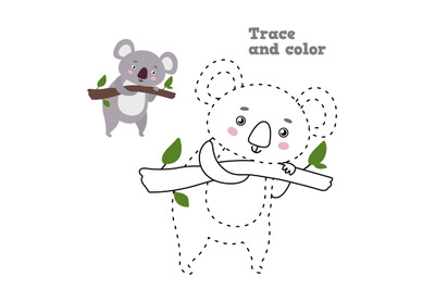 Dot to dot koala game. Trace and color cute koala bear on branch vecto