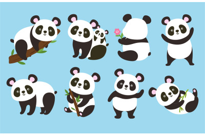 Cute pandas. Cartoon bear mascot, panda with bamboo branch and adorabl