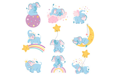 Dreamy elephants character. Cute animal sleep on moon&2C; baby elephant d