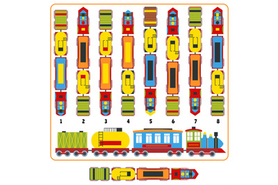 Train logic game. Find correct top view version of locomotive train wi