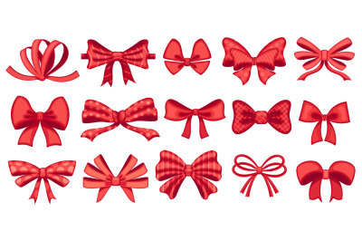 Cartoon red bow. Ribbon knot decoration, gift bows and present tie. Ac