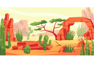 Desert landscape with cactus valley. Wild west dune, hot rocks and mex