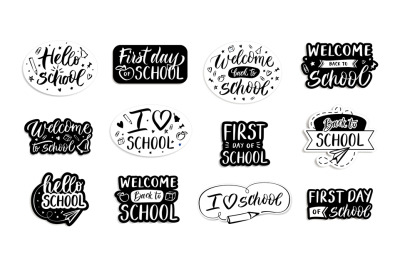 Back to school emblems. Handwritten welcome to school, first day and i