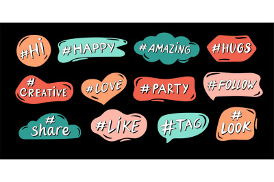 Hashtag lettering tags. Like sticker, share label and follow tag. Happ