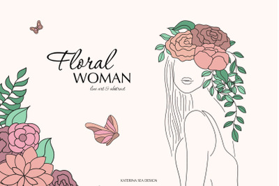 Line art floral woman &amp; elements