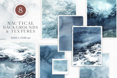 NAUTICAL BACKGROUNDS &amp; TEXTURES. Watercolor Ocean Cards JPEG