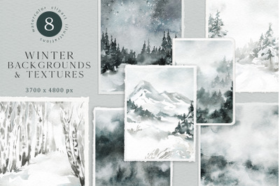 WINTER SEASON LANDSCAPES BACKGROUNDS. Watercolor JPEG Cards