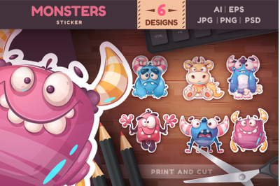 Kids Monster Stickers Bundle | Cartoon Characters Clipart PNG