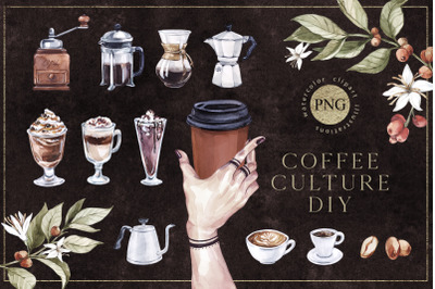 28 COFFEE DIY ODJECTS. Watercolor drinks PNG clipart set
