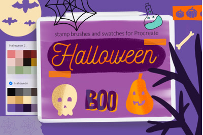 Halloween stamps brushes. Procreate pumpkin, skeleton