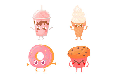 Cartoon fast food. Cute drink and snack characters with cheerful facia