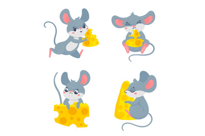 Cartoon mouse with cheese. Smiling characters holding food pieces. Pla