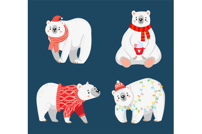 Christmas polar bears. Cute characters wearing winter holiday sweaters