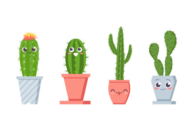 Cute cactus with faces. Succulent pot plants characters with positive