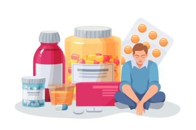 Depressed person sitting near big bottles with pills. Stressed man in