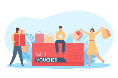 Gift card voucher. Tiny people sitting and standing near coupon with s