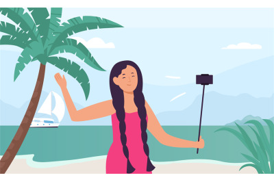 Girl blogger record travel vlog hold phone on selfie stick. Female cha