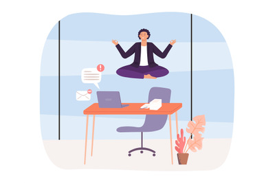 Office yoga. Employee sitting in lotus position. Worker levitating ove