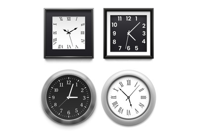 Realistic wall clocks. Modern round and square silver office or home c