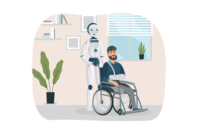 Robot interact with handicapped person. Cartoon cyborg pushing man wit