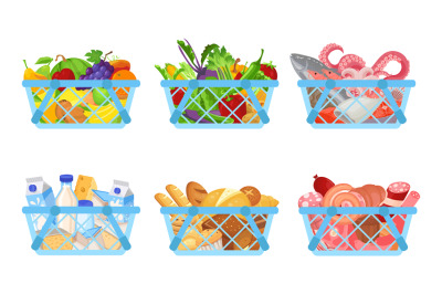 Set of shopping baskets full of products as fruit&2C; vegetables&2C; seafood