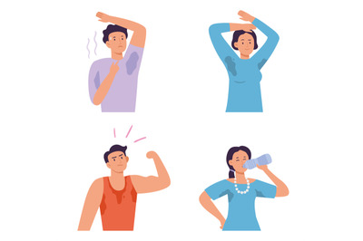 Sweating people. Smell from armpit after sport activity or hot day. Fe