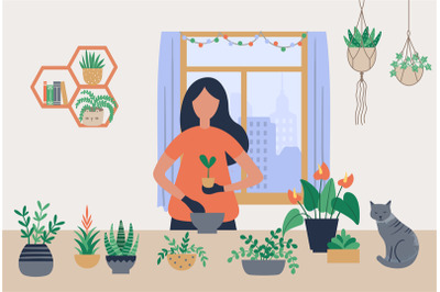 Woman grow homemade plants. Female character caring for potted herb an