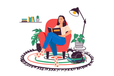 Woman reading book at home. Girl sitting on cozy armchair with literat