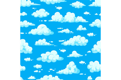 Cartoon clouds pattern. Seamless print of summer blue sunny sky with f