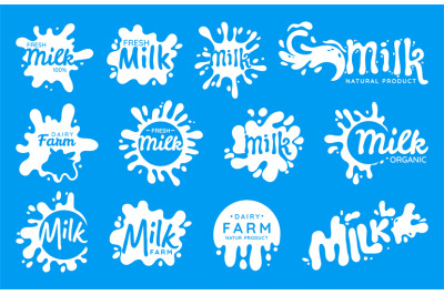 Dairy drop logo. Cartoon falling milk drop splash emblem for yoghurt a