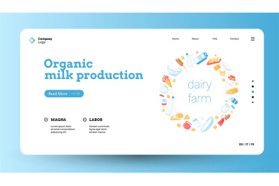 Dairy products landing. Web page template with cartoon milk organic fo