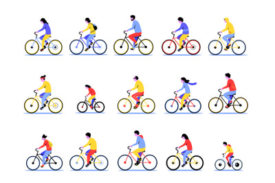 Person on bike. Cartoon active men and women ride the bicycle, cycling