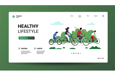 Bicycle landing. Web page template with character on bike ride in park