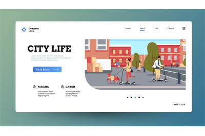 People on scooter landing. Homepage template with characters riding el