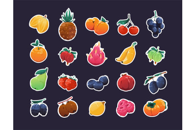 Cartoon fruit stickers. Fresh colorful organic fruits graphic bundle&2C;