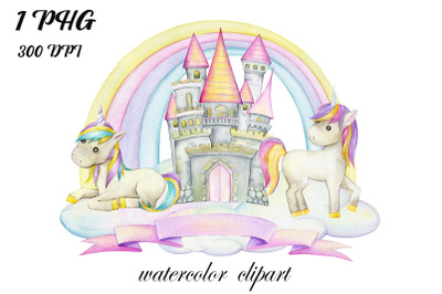Unicorn Watercolor clipart, Instant download, rainbow clip art , Magic