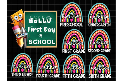 Hello First Day Of School Rainbow Hear Graphics Bundle