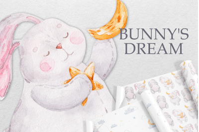 Rabbit, bunny with stars, dream. Childish collection, set