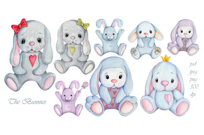 The Bunnies. Set of watercolor illustrations.