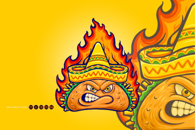 Delicious angry mexican taco with blazing fire illustrations